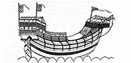 A line drawing of a round-stern ship from the Rhodes manuscript