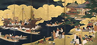 Historical Japanese screen silk painting of a Portuguese ship in a Japanese harbor