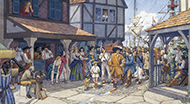 Drawing of a 17th century town with people in the streets