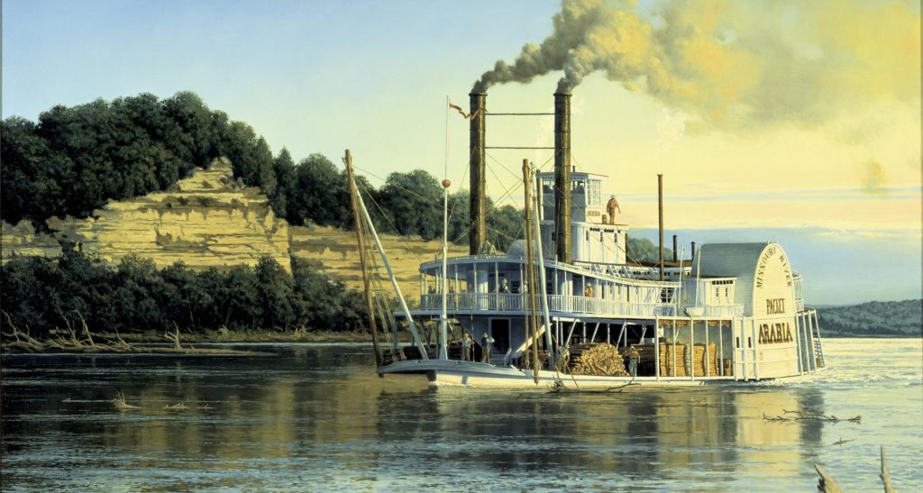 A painting of the steamboat Arabia steaming down a river