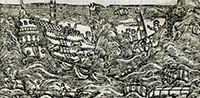 Woodcut of a ship sinking